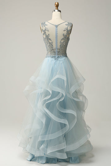A Line Deep V Neck Light Blue Long Ball Dress with Appliques